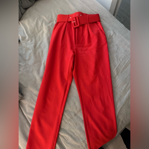 High Waisted Belted Red Trousers - Picture 1 of 4